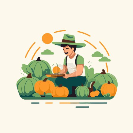 Illustration for Farmer with pumpkin harvest. Vector illustration in flat cartoon style. - Royalty Free Image