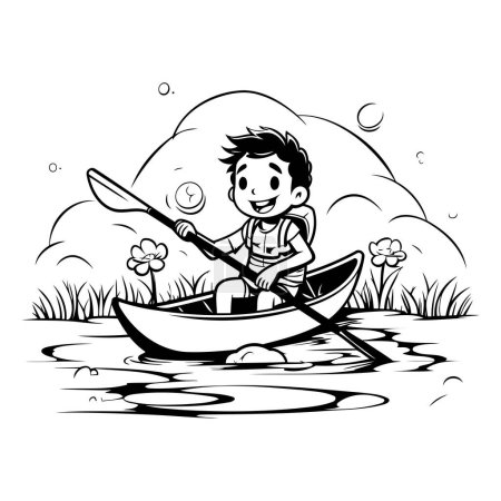 Illustration for Boy rowing on a boat in the lake. black and white vector illustration - Royalty Free Image