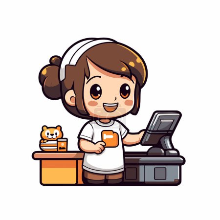 Illustration for Cute girl working on computer in office cartoon vector illustration graphic design - Royalty Free Image