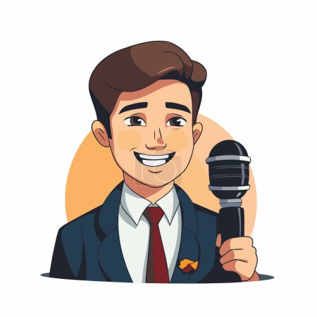 Illustration for Man in suit and tie holding microphone. Vector illustration in cartoon style - Royalty Free Image