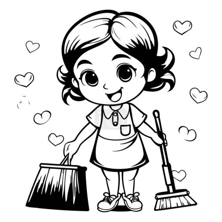 Black and White Cartoon Illustration of Cute Little Girl Holding a Broom for Coloring Book