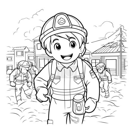 Téléchargez les illustrations : Pompier sur le fond d'une maison en feu. Livre à colorier pour enfants - en licence libre de droit