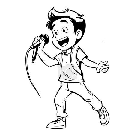 Illustration for Cartoon boy singing with microphone. Black and white vector illustration. - Royalty Free Image