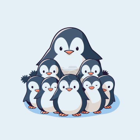 Téléchargez les illustrations : Jolis pingouins. Illustration vectorielle en style dessin animé sur fond bleu - en licence libre de droit