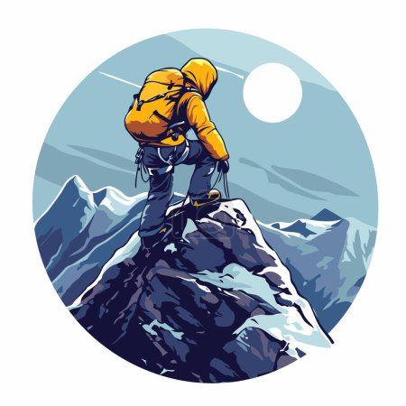 Illustration for Vector illustration of a man climbing on a mountain peak with a backpack - Royalty Free Image