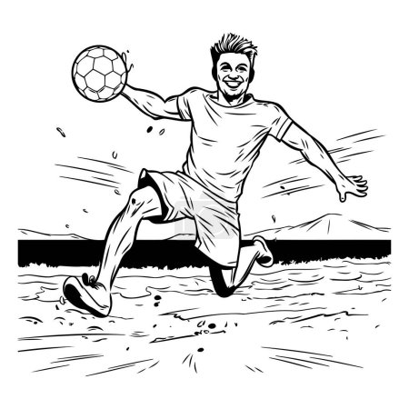 Téléchargez les illustrations : Un footballeur donne un coup de pied au ballon. Illustration vectorielle noir et blanc. - en licence libre de droit