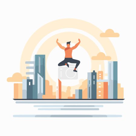 Ilustración de Un hombre feliz saltando en la ciudad. Ilustración de vector de estilo plano. Concepto empresarial. - Imagen libre de derechos