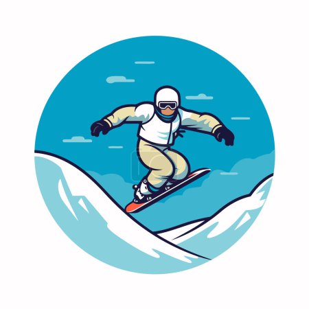 Téléchargez les illustrations : Snowboarder sautant sur snowboard. Illustration vectorielle dans un style rétro. - en licence libre de droit