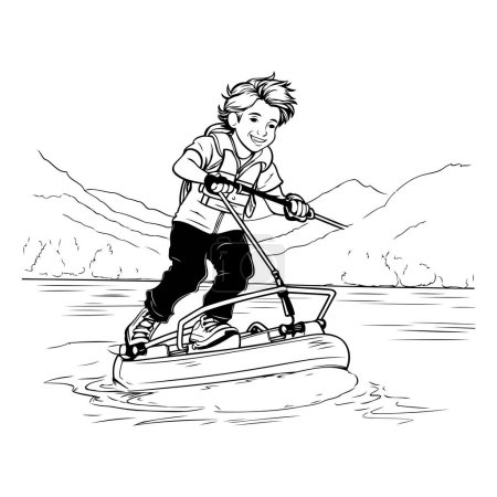 Téléchargez les illustrations : Illustration d'un garçon chevauchant un bateau sur un lac. Illustration vectorielle - en licence libre de droit