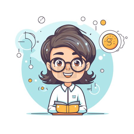 Illustration for Cute little schoolgirl with glasses reading a book. Vector illustration. - Royalty Free Image