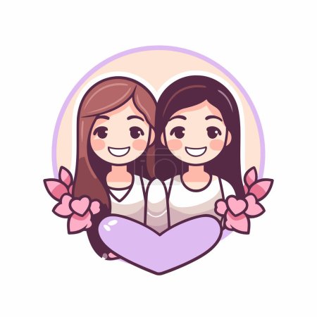 Illustration for Cute cartoon couple in love with heart. Vector illustration on white background. - Royalty Free Image