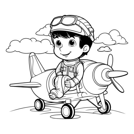 Téléchargez les illustrations : Garçon mignon en costume de pilote avec dessin animé avion vectoriel illustration conception graphique - en licence libre de droit