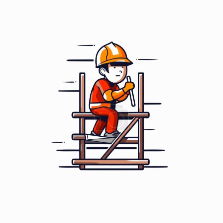 Illustration for Worker in helmet and overalls on ladder. Vector illustration. - Royalty Free Image