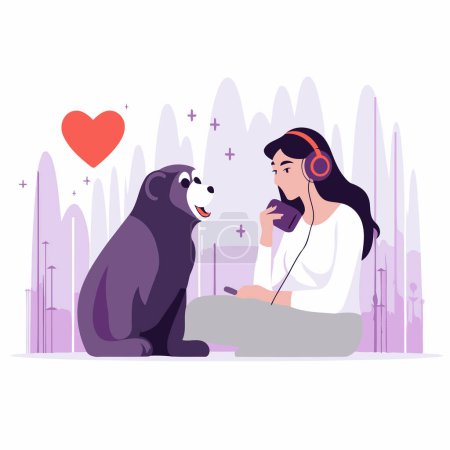 Illustration for Girl listening to music with her dog. Vector illustration in flat style - Royalty Free Image