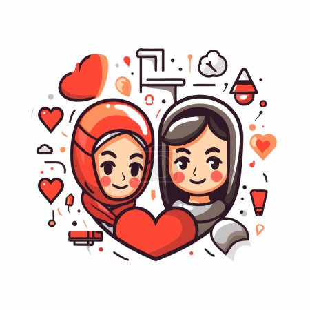 Ilustración de Ilustración vectorial de chicas musulmanas en ropa tradicional con corazones alrededor. - Imagen libre de derechos