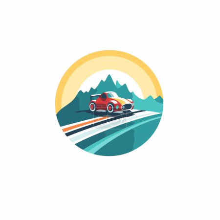 Illustration for Retro car on the road in the mountains. Vector illustration. - Royalty Free Image