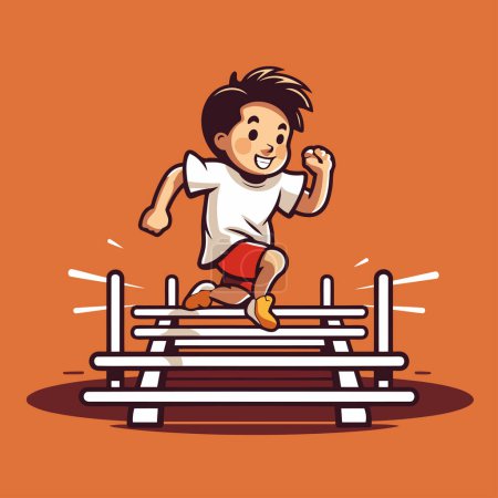 Illustration for Illustration of a boy jumping over a hurdle. Isolated on orange background. - Royalty Free Image
