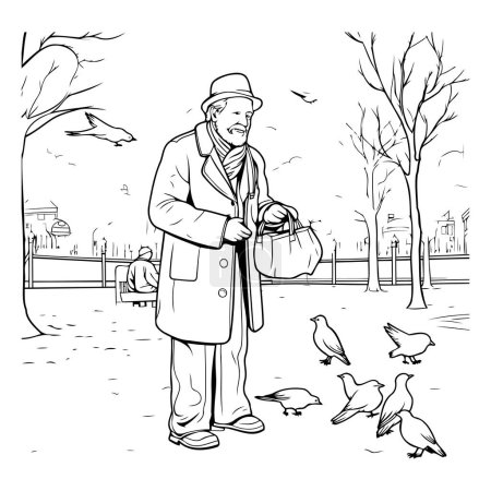 Ilustración de Un anciano caminando por el parque con palomas. Ilustración vectorial. - Imagen libre de derechos