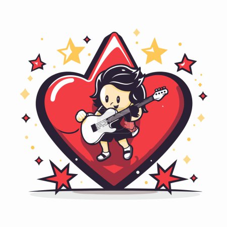 Illustration for Cute little boy playing guitar in heart shape. Vector illustration. - Royalty Free Image