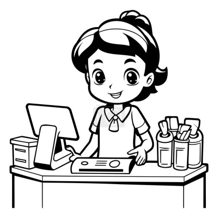 Illustration for Black and White Cartoon Illustration of Cute Girl Working at the Computer - Royalty Free Image