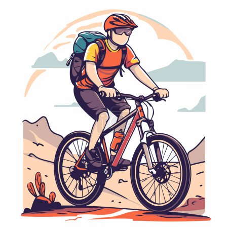 Illustration for Cyclist riding mountain bike in the desert. Vector illustration. - Royalty Free Image