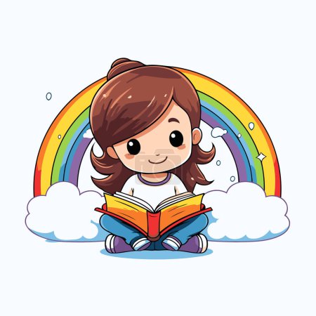 Illustration for Cute little girl reading book with rainbow and clouds vector illustration design - Royalty Free Image