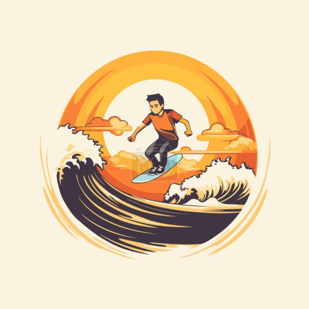 Illustration for Surfer on the wave. Vector illustration in retro style with a sun - Royalty Free Image