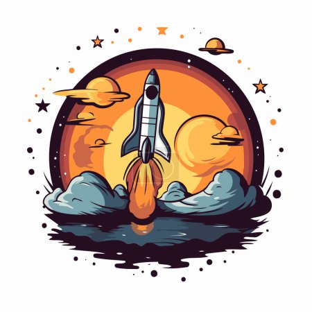 Illustration for Space rocket flying in the sky. Vector illustration in cartoon style. - Royalty Free Image