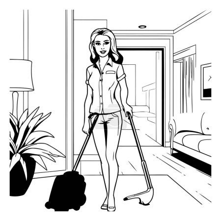 Illustration for Vector illustration of a young woman with a vacuum cleaner in the apartment - Royalty Free Image