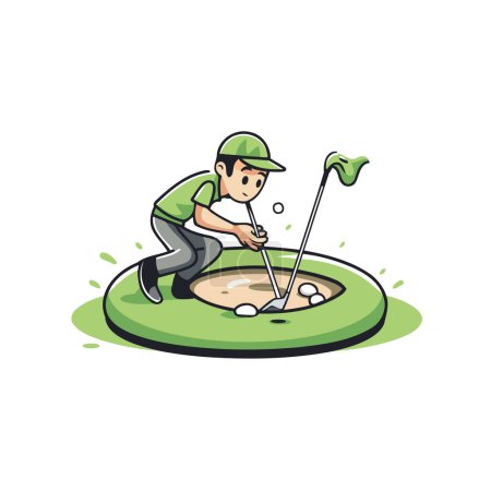 Téléchargez les illustrations : Illustration d'un homme jouant au golf sur un terrain de golf. Illustration vectorielle - en licence libre de droit