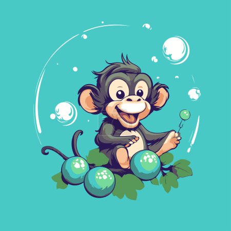 Ilustración de Lindo mono con bolas sobre un fondo verde. Ilustración vectorial. - Imagen libre de derechos