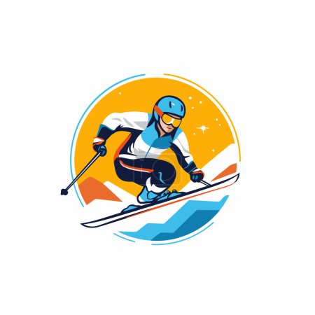 Téléchargez les illustrations : Skieur en casque et lunettes de ski sur piste de montagne. Illustration vectorielle. - en licence libre de droit