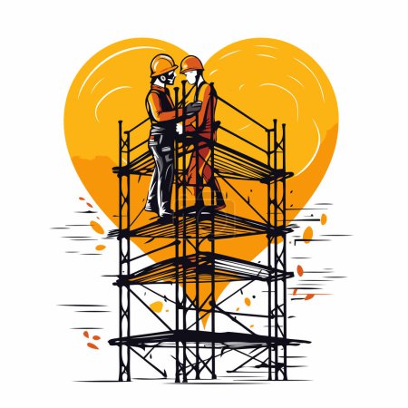 Trabajadores de la construcción en andamios con fondo en forma de corazón. Ilustración vectorial.