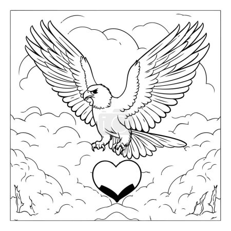 Téléchargez les illustrations : Aigle au cœur. Illustration vectorielle noir et blanc pour livre à colorier. - en licence libre de droit