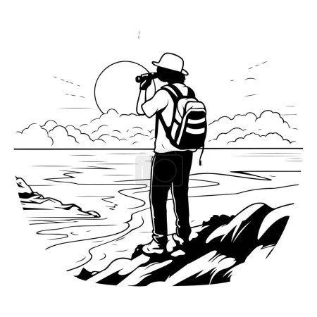 Téléchargez les illustrations : Photographe avec une caméra sur la plage. Illustration vectorielle noir et blanc - en licence libre de droit