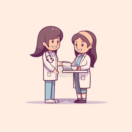 Téléchargez les illustrations : Femme médecin et infirmière personnage de dessin animé. Illustration vectorielle dans un style plat - en licence libre de droit