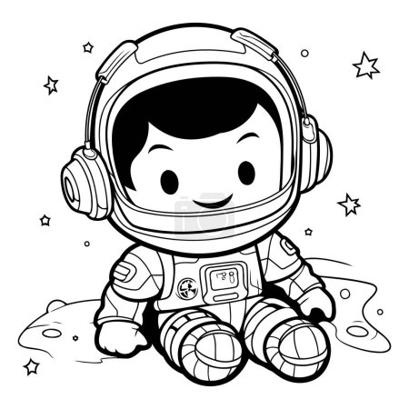 Ilustración de Ilustración de dibujos animados en blanco y negro del personaje de astronauta niño que usa traje espacial para colorear libro - Imagen libre de derechos