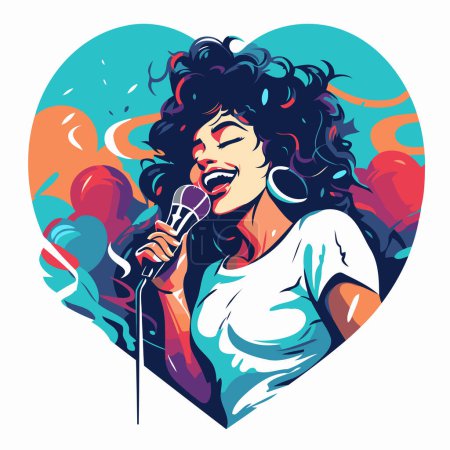 Vector illustration of a girl singing karaoke in a heart shape.