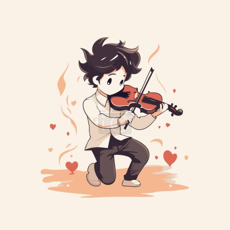 Téléchargez les illustrations : Illustration d'un garçon jouant du violon sur un fond clair avec des cœurs - en licence libre de droit