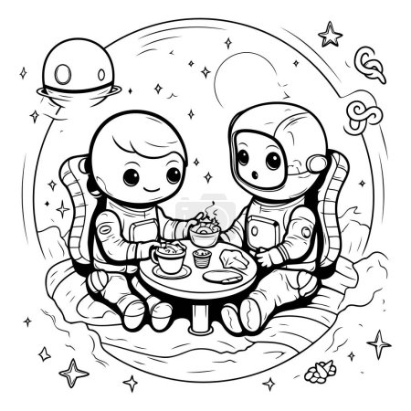 Illustration for Two astronauts sitting at a table in the moonlight. Coloring book - Royalty Free Image