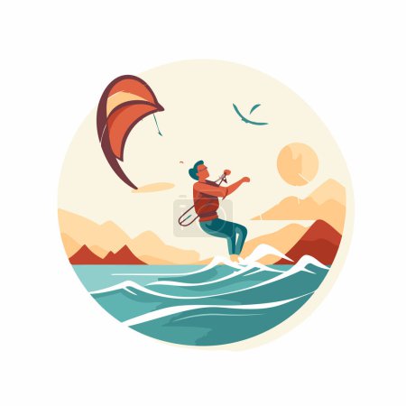 Illustration for Kitesurfer on the waves. Vector illustration in flat style - Royalty Free Image