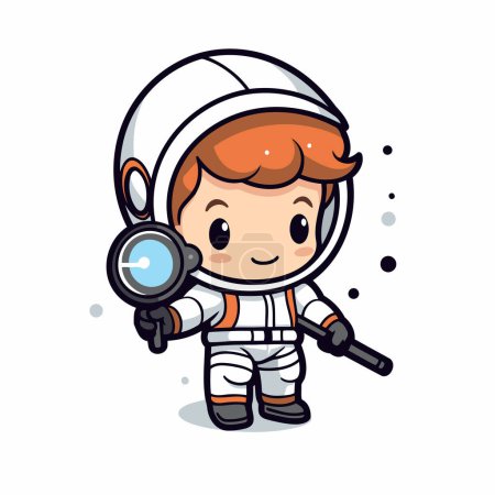 Téléchargez les illustrations : Garçon astronaute loupe en verre - Illustration vectorielle de dessin animé mignon - en licence libre de droit