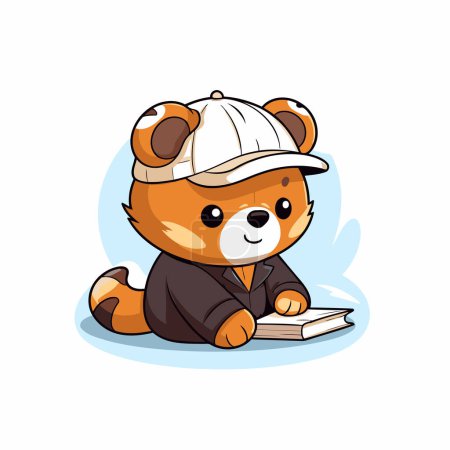 Téléchargez les illustrations : Mignon petit panda rouge dans une casquette lisant un livre. Illustration vectorielle. - en licence libre de droit