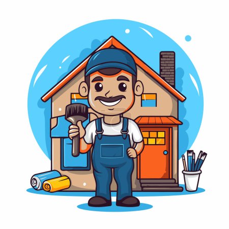 Illustration for Repairman with paintbrush and house. Vector illustration in cartoon style. - Royalty Free Image