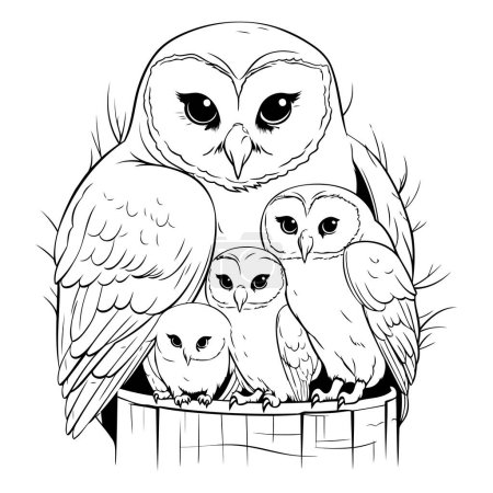 Téléchargez les illustrations : Famille Hibou avec leurs enfants. illustration vectorielle noir et blanc. - en licence libre de droit