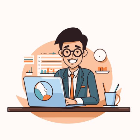 Illustration for Businessman working on laptop at office desk. Flat vector illustration. - Royalty Free Image