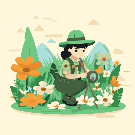 Illustration for Boy scout in the jungle with a camera. Vector flat illustration. - Royalty Free Image
