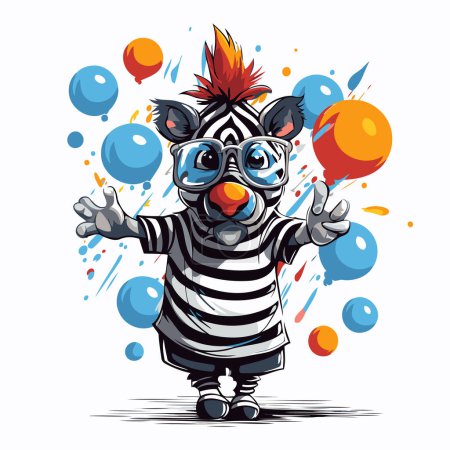 Funny cartoon zebra clown with balloons. Vector illustration isolated on white background.