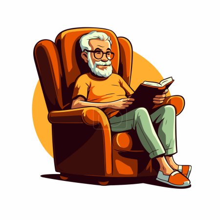 Téléchargez les illustrations : Vieil homme assis dans le fauteuil et le livre de lecture. Illustration vectorielle. - en licence libre de droit