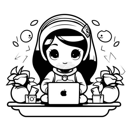 Illustration for Cute little girl using laptop computer. Vector illustration. Black and white. - Royalty Free Image